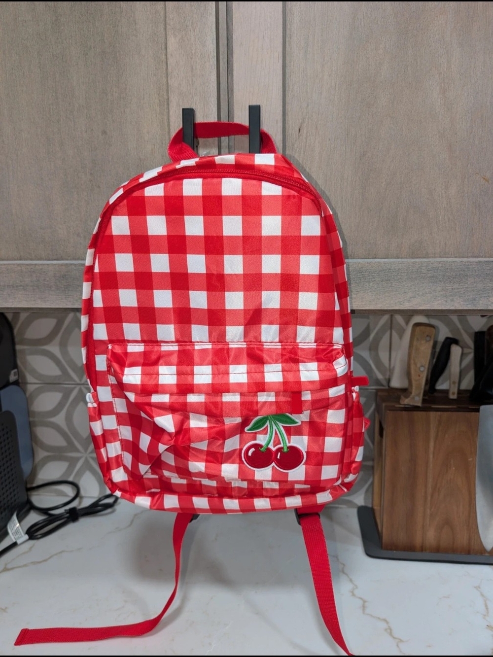 Red and white checkered cherries backpack